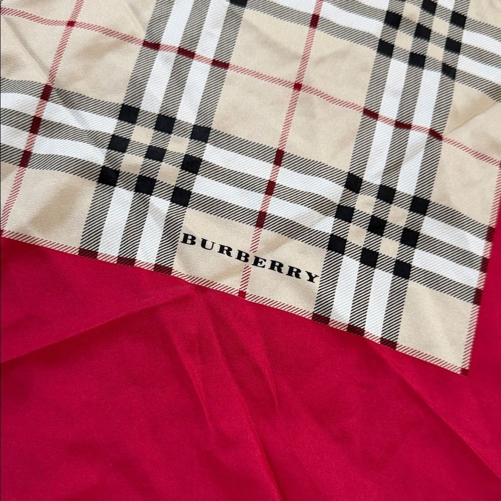 Burberry authentic 100% silk scarf, red black tan, white design designer